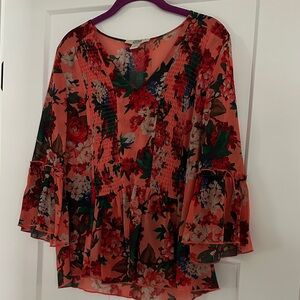 Vintage America Floral Blouse in Coral and Green